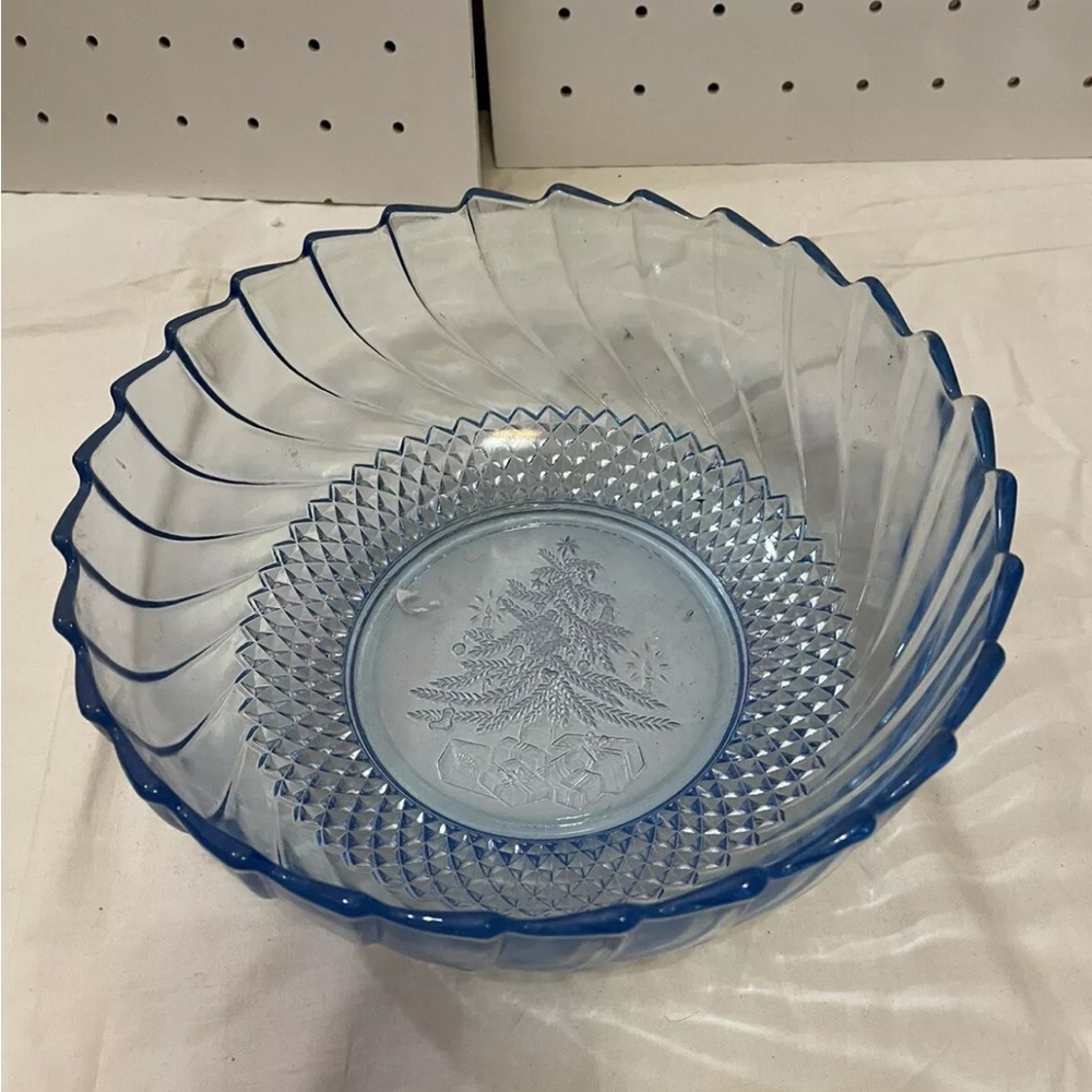 Abbey Blue Glass Bowl Embossed Christmas Tree Vintage